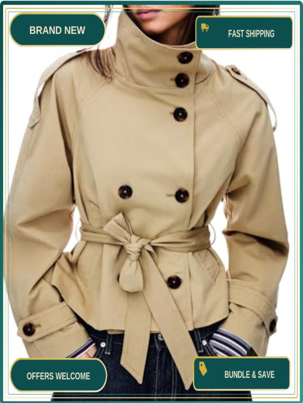 Cropped Trench Coat Double Breasted Belted Funnel Neck Fall Jacket
